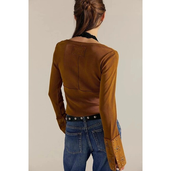 Free People We The Free Night Belle Cuff Cropped Blouse Top Studded XS 284324 - Picture 3 of 12